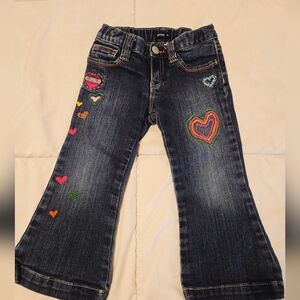 BABY GAP EMBROIDERED FLARE  Heart Shapes JEANS Toddler 3t Cotton Y2K Distressed